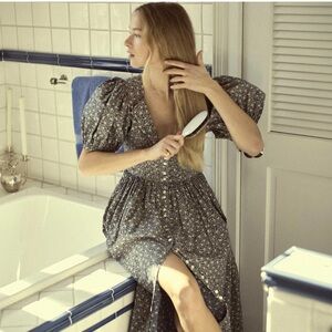 Doen Asheville Maxi Dress Organic Cotton Blue Cottage Daisy Floral Size XS